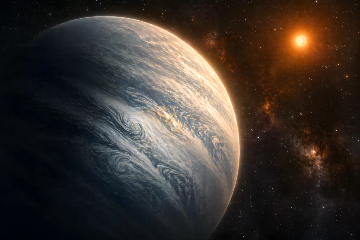 Riesiger Gasplanet mit Wolkenwirbeln vor rotem Stern