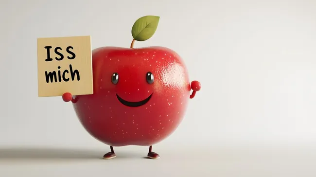 Riesiger, lächelnder Apfel mit Schild 'Iss mich'