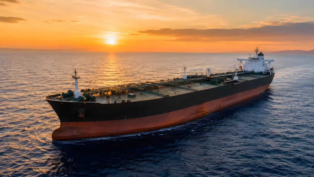 Riesiger Öltanker auf dem Meer bei Sonnenuntergang