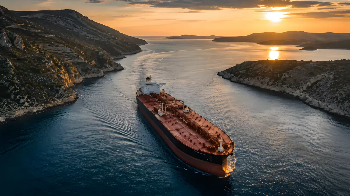 Riesiger Öltanker durchquert eine Meerenge bei Sonnenuntergang