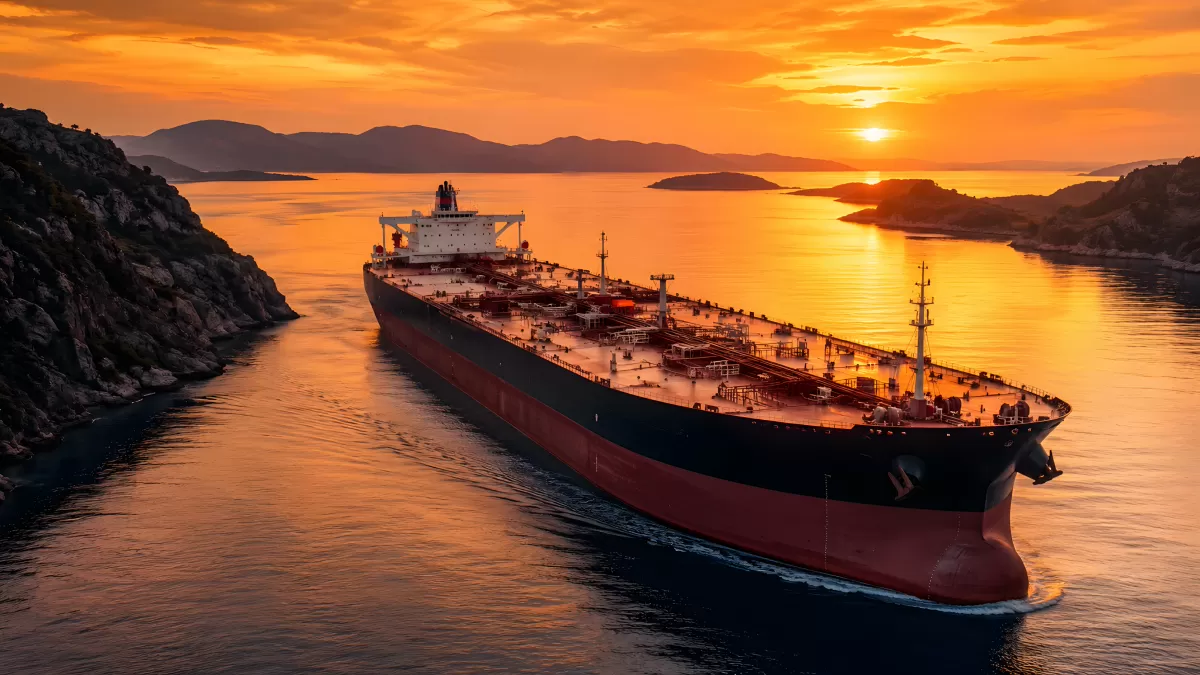 Riesiger Öltanker durchquert Meerenge bei Sonnenuntergang