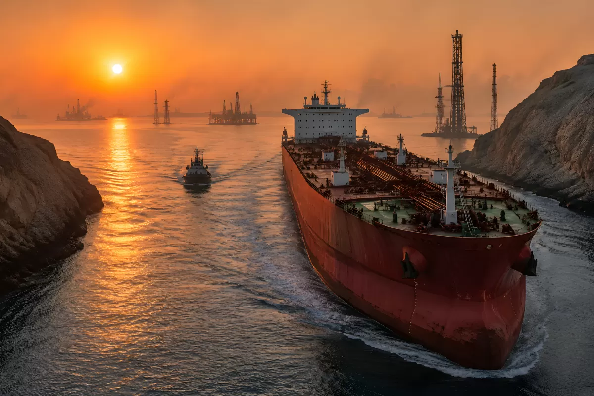 Riesiger Öltanker verlässt bei Sonnenuntergang den Hafen