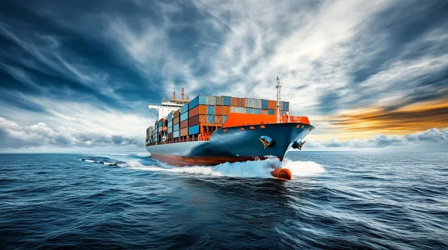 Riesiger orangefarbener Containerfrachtschiff auf stürmischer See