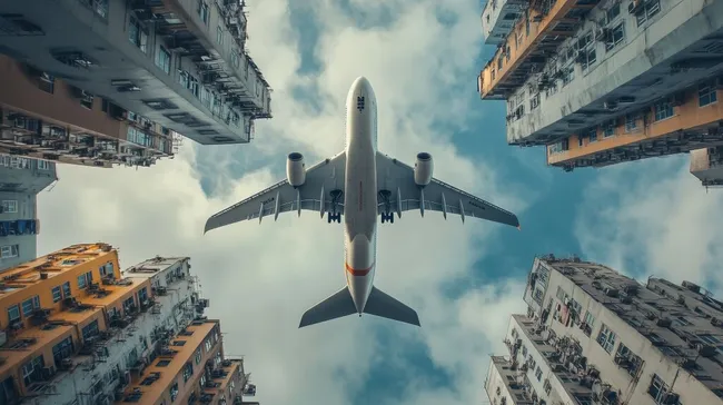 Riesiger Passagierflugzeug zwischen Hochhäusern