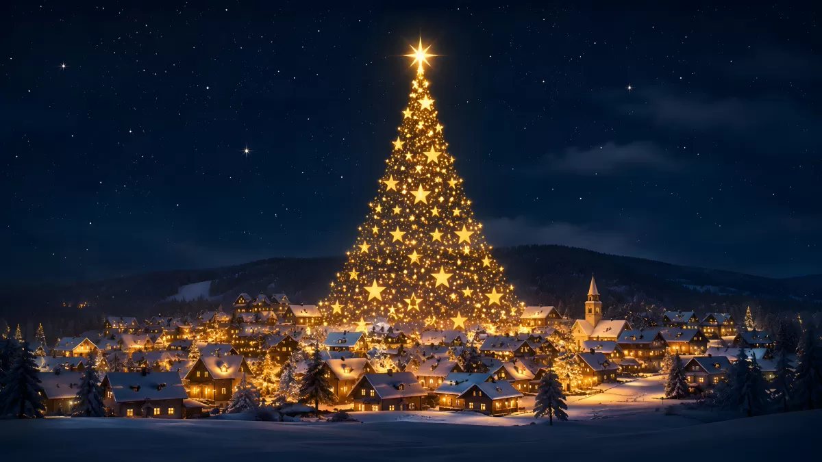 Riesiger Weihnachtsbaum leuchtet über verschneitem Dorf