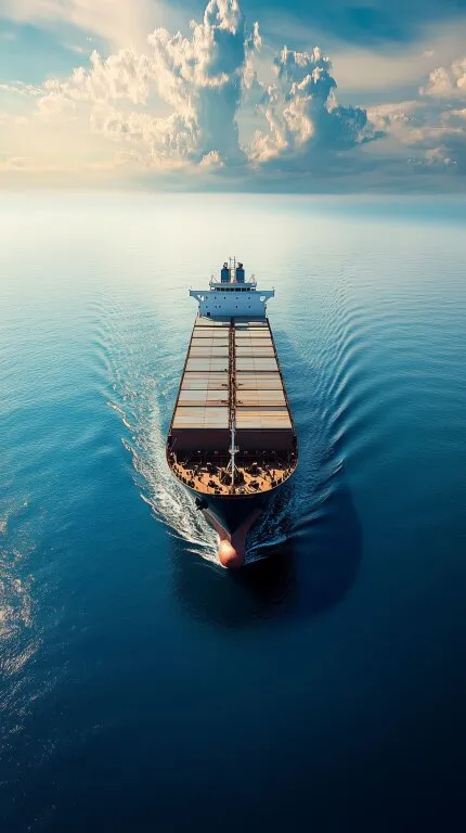 Riesiges Frachtschiff auf offenem Ozean unter Wolkenturm