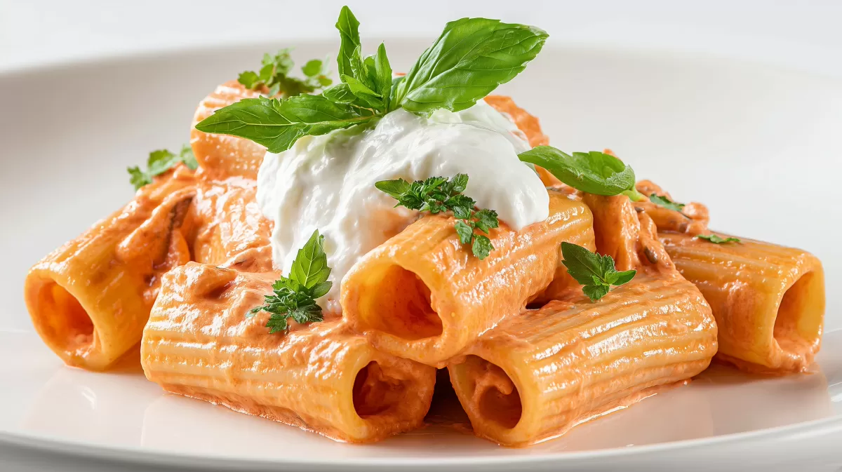 Rigatoni alla Vodka mit Stracciatella und Basilikum
