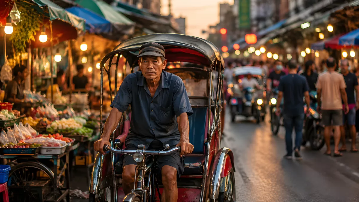 Rikscha-Fahrer auf belebtem Nachtmarkt in Asien