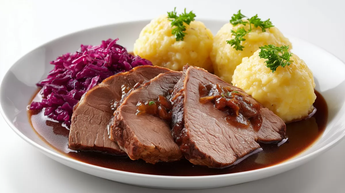 Rinderbraten mit Kartoffelklen und Rotkohl