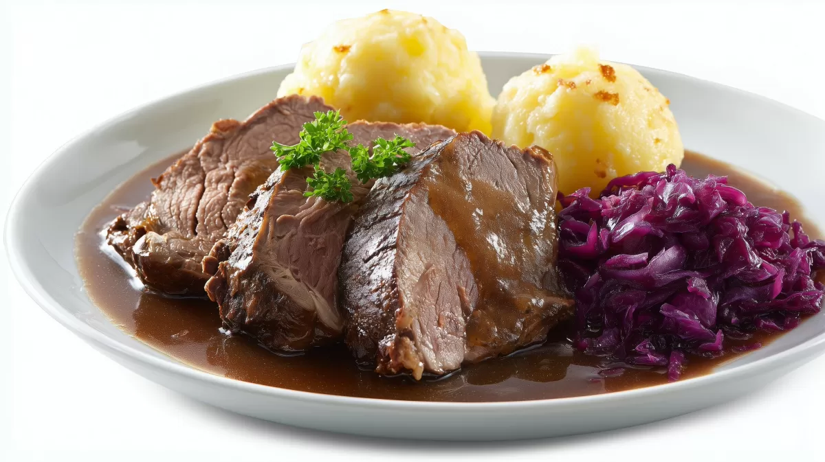 Rinderbraten mit Kartoffelklößen und Rotkohl