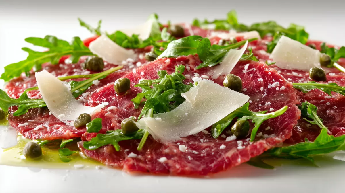 Rindercarpaccio mit Parmesan, Rucola und Kapern