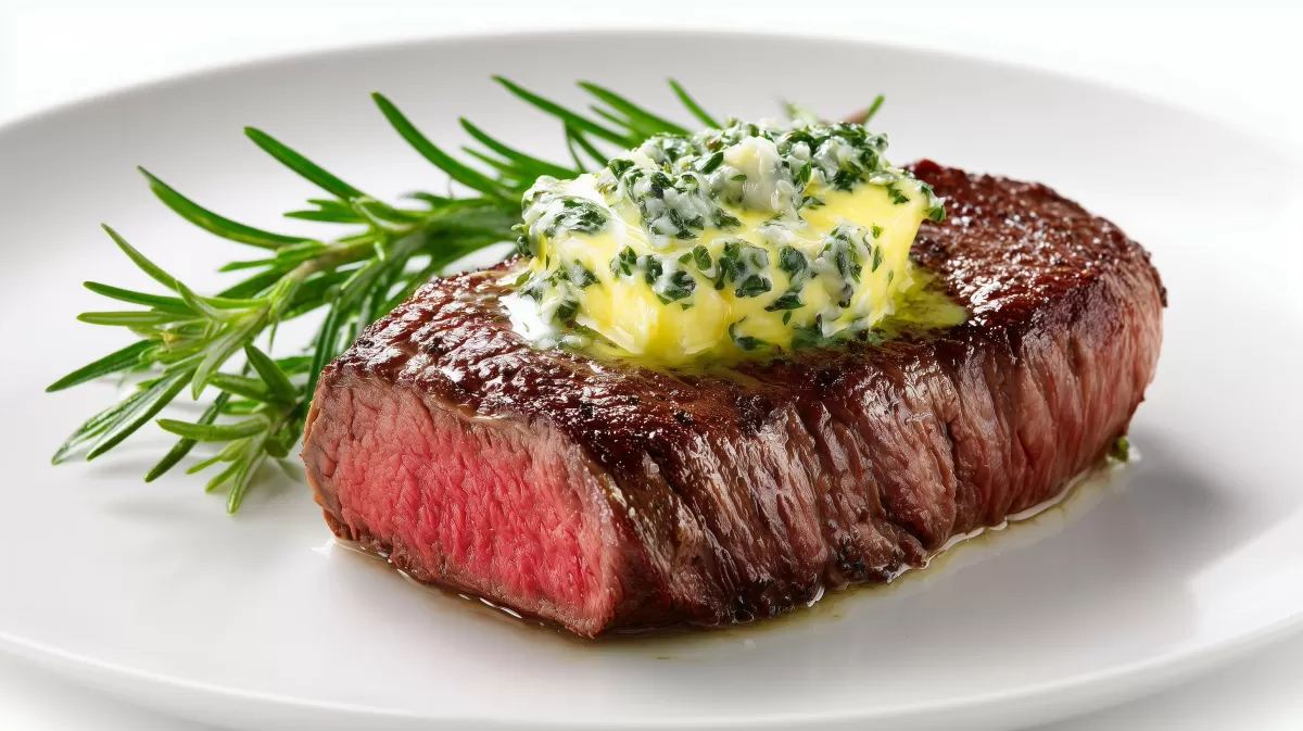 Rinderfilet mit Kräuterbutter auf weißem Teller