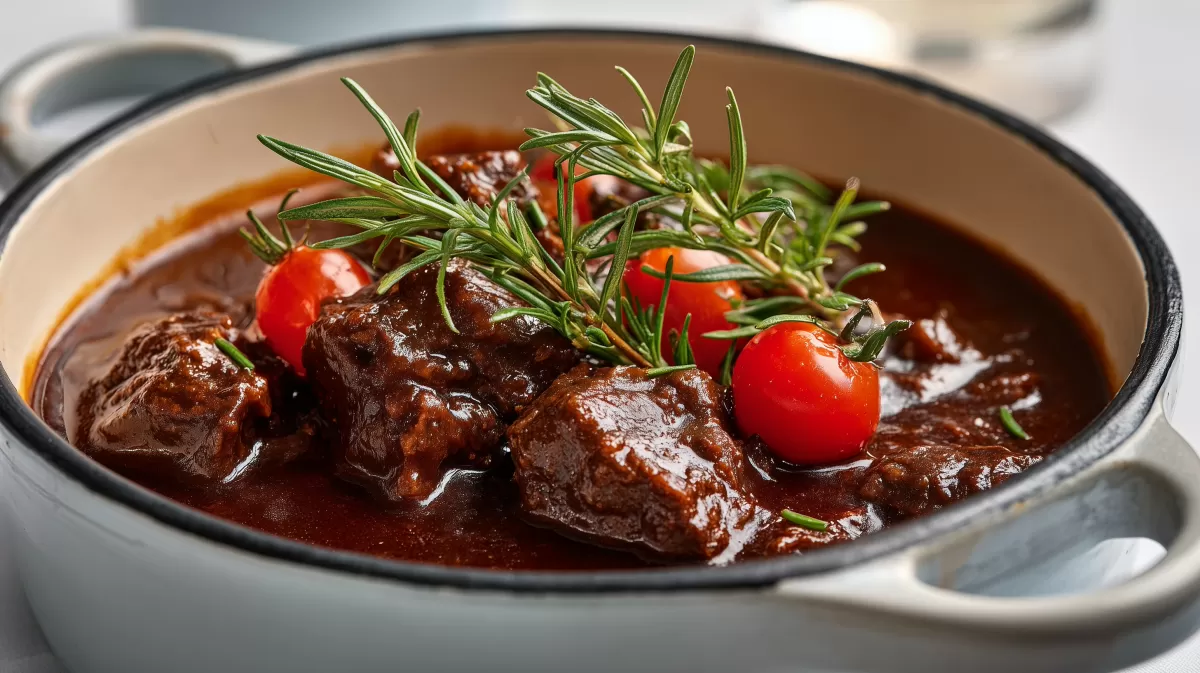 Rindergulasch im Schmortopf mit Tomaten und Rosmarin