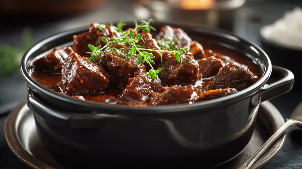 Rindergulasch in schwarzem Schmortopf mit Thymian