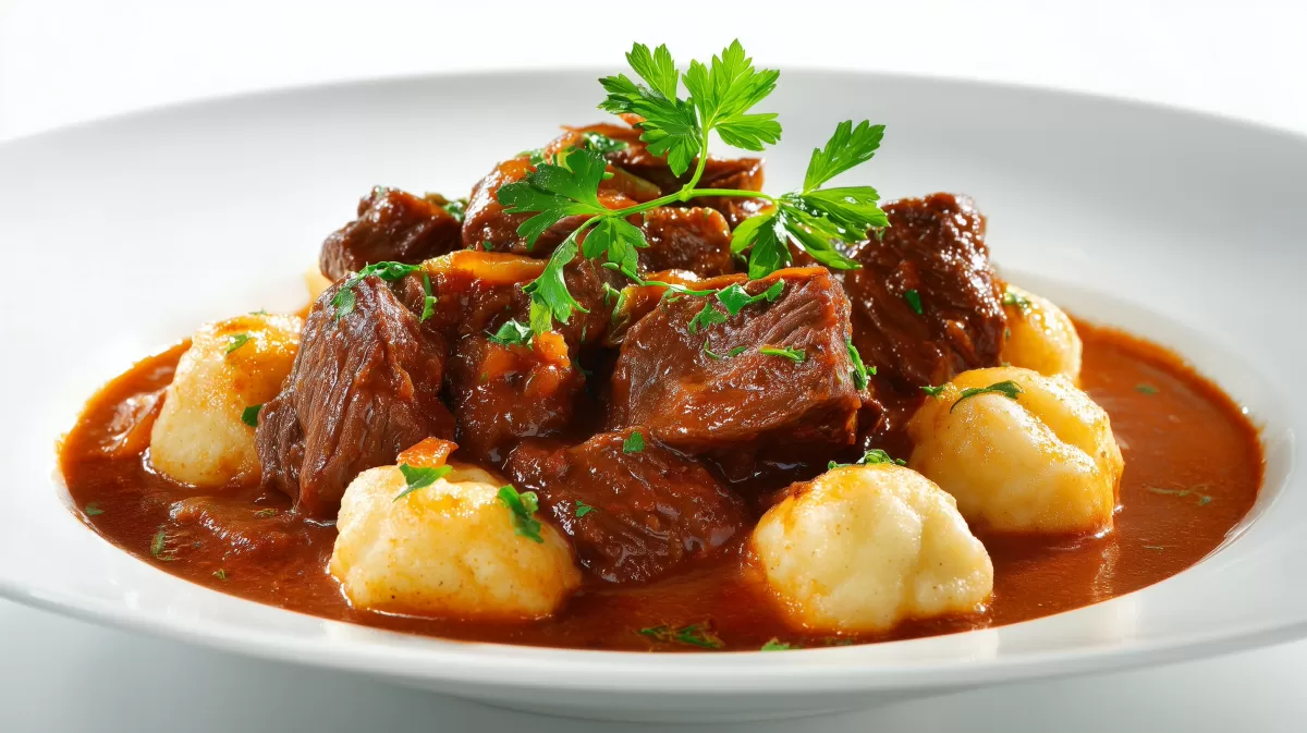 Rindergulasch klassisch mit Gnocchi in Paprikasauce