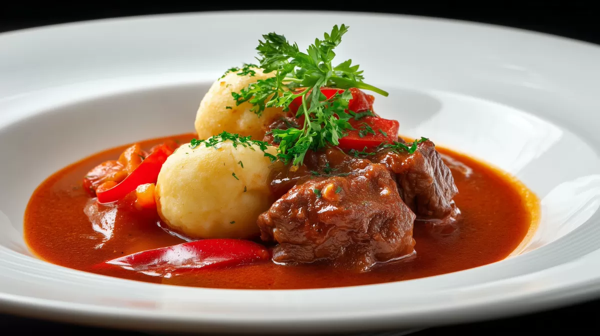 Rindergulasch klassisch mit Kartoffelknödeln serviert