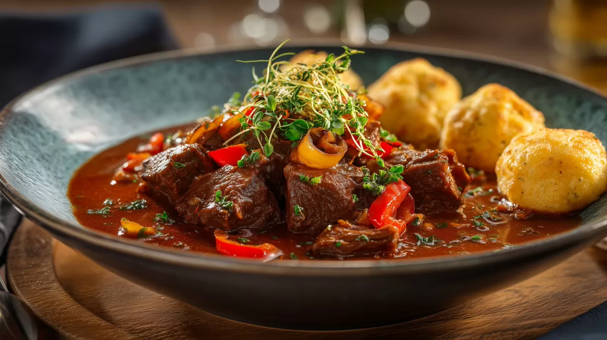Rindergulasch klassisch mit Semmelknödeln serviert