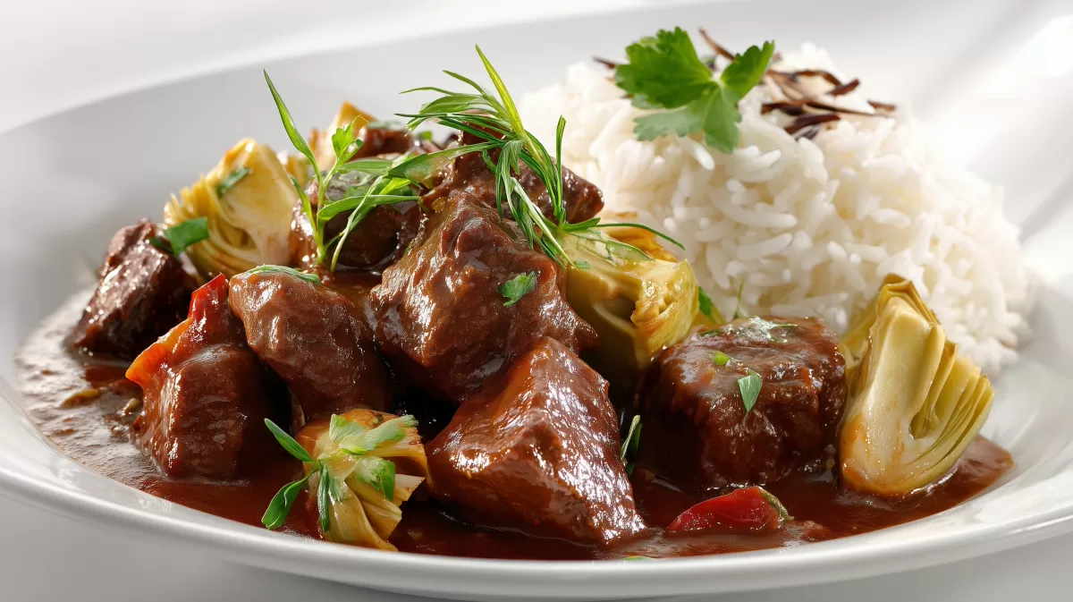 Rindergulasch mit Artischocken und Reis auf Teller