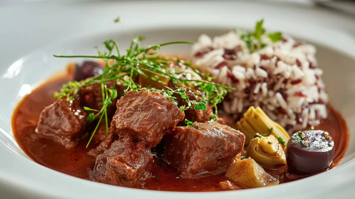 Rindergulasch mit Artischocken und Wildreis