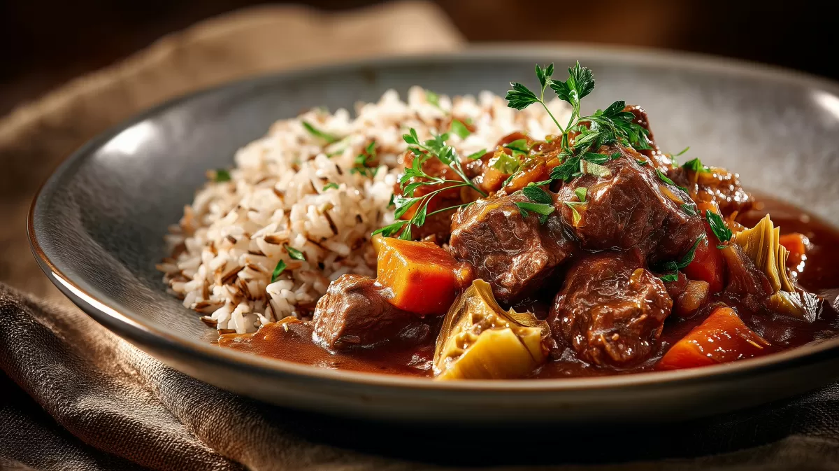 Rindergulasch mit Artischockenherzen und Reis