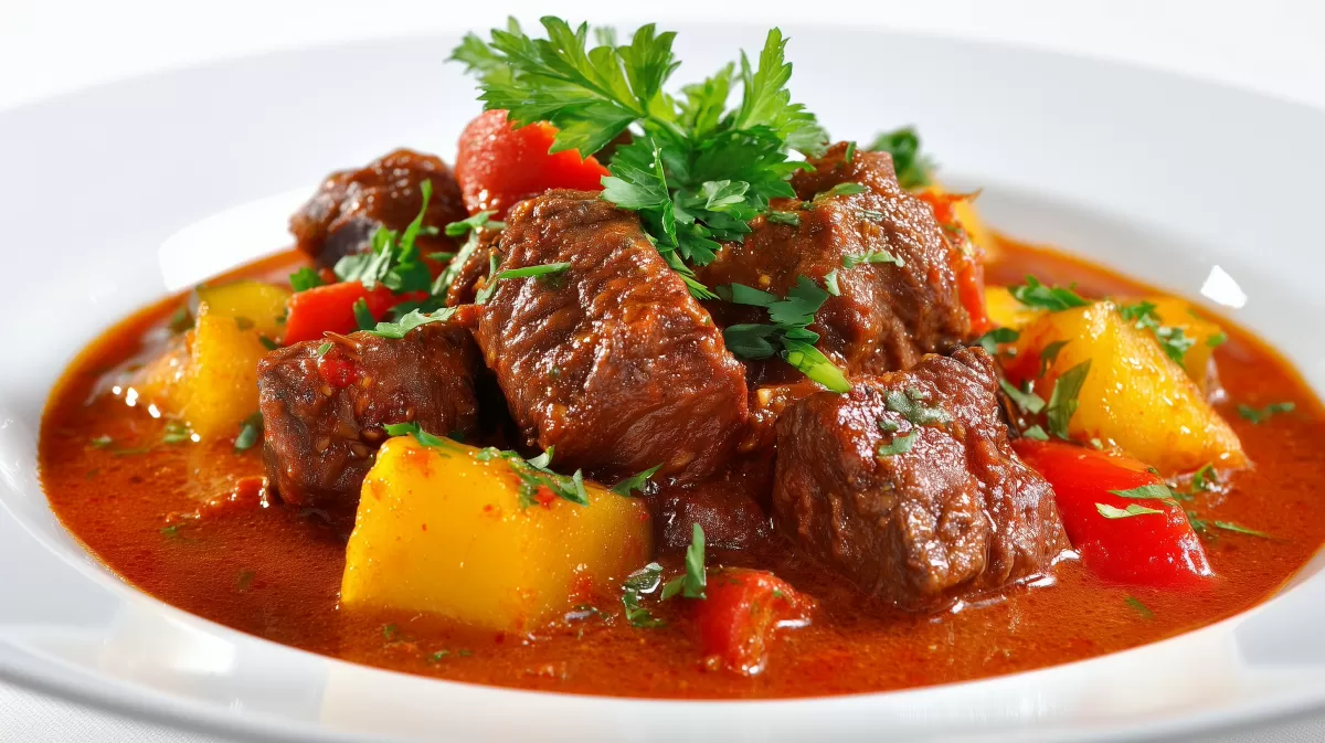 Rindergulasch mit Auberginen in würziger Soße