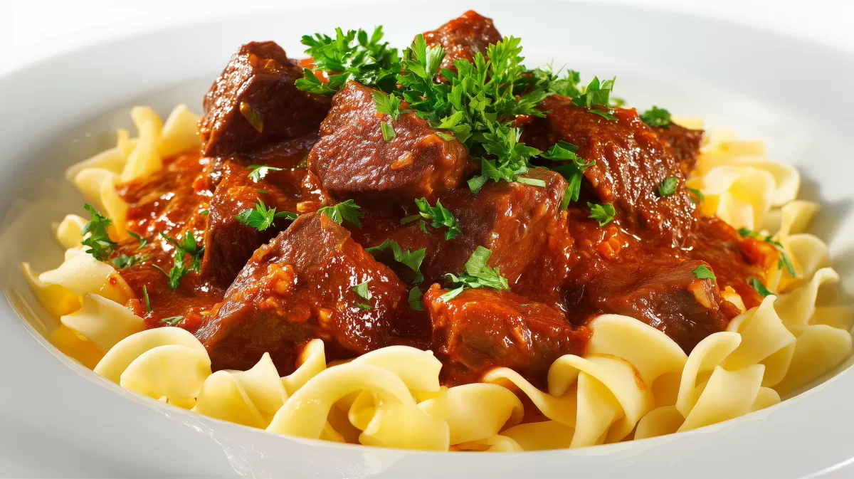 Rindergulasch mit Bandnudeln und frischer Petersilie