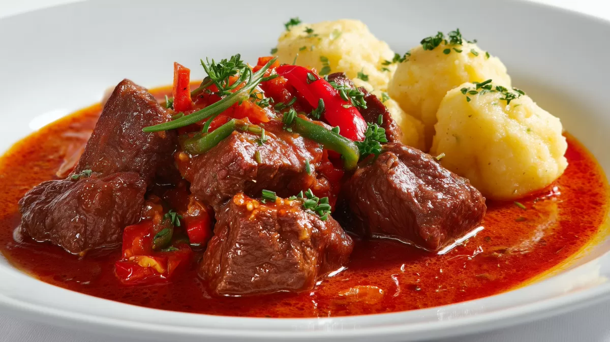 Rindergulasch mit Kartoffelklößen auf weißem Teller