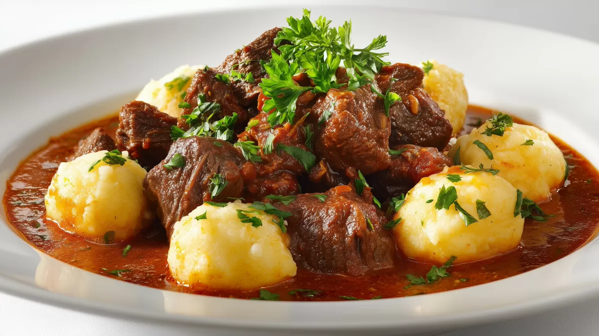 Rindergulasch mit Kartoffelklößen in Soße