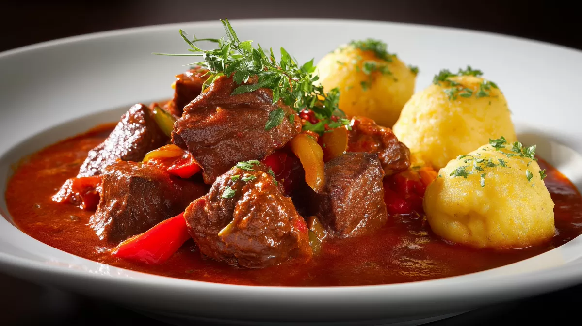 Rindergulasch mit Kartoffelknödeln in roter Paprikasauce