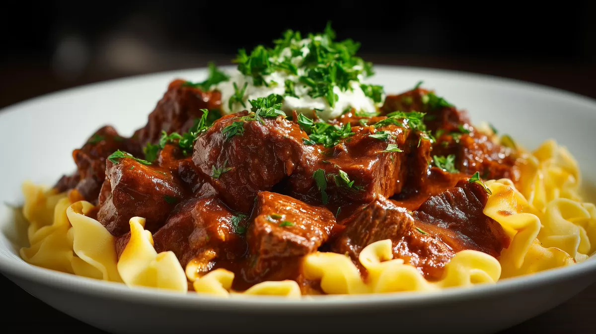 Rindergulasch mit Nudeln und Sauerrahm
