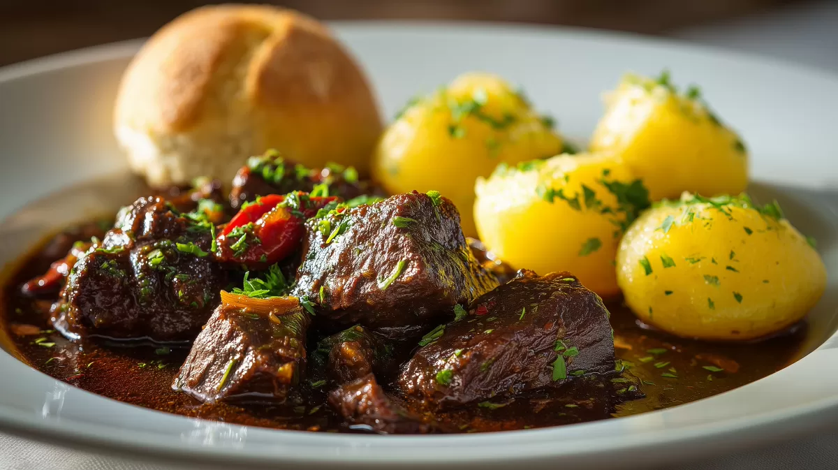 Rindergulasch mit Salzkartoffeln und Brötchen