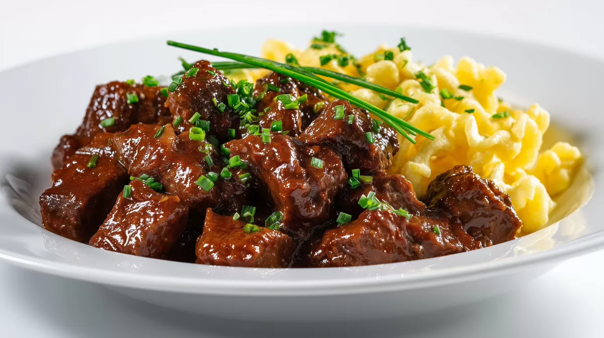 Rindergulasch mit Spätzle auf weißem Teller