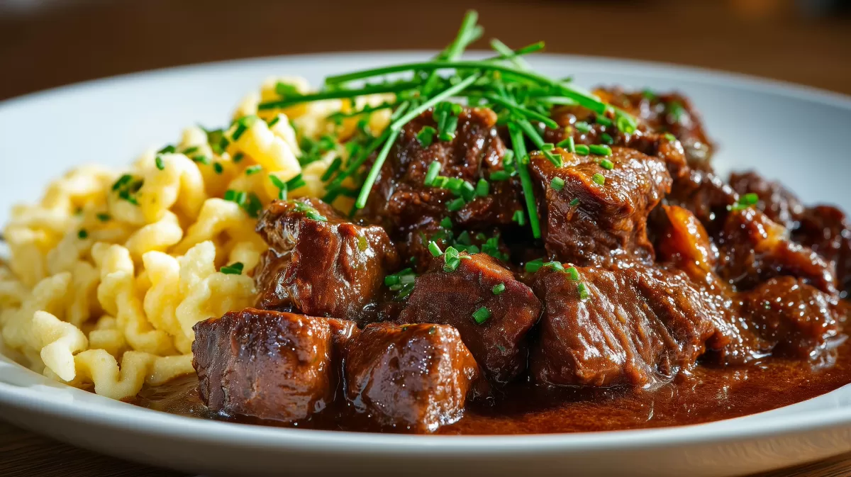 Rindergulasch mit Spätzle und frischen Schnittlauch