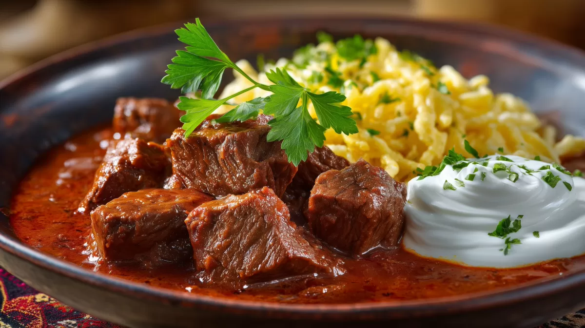 Rindergulasch mit Spätzle und Sauerrahm im Teller