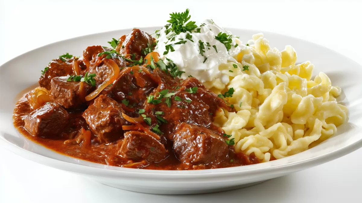 Rindergulasch mit Spätzle und Sauerrahm