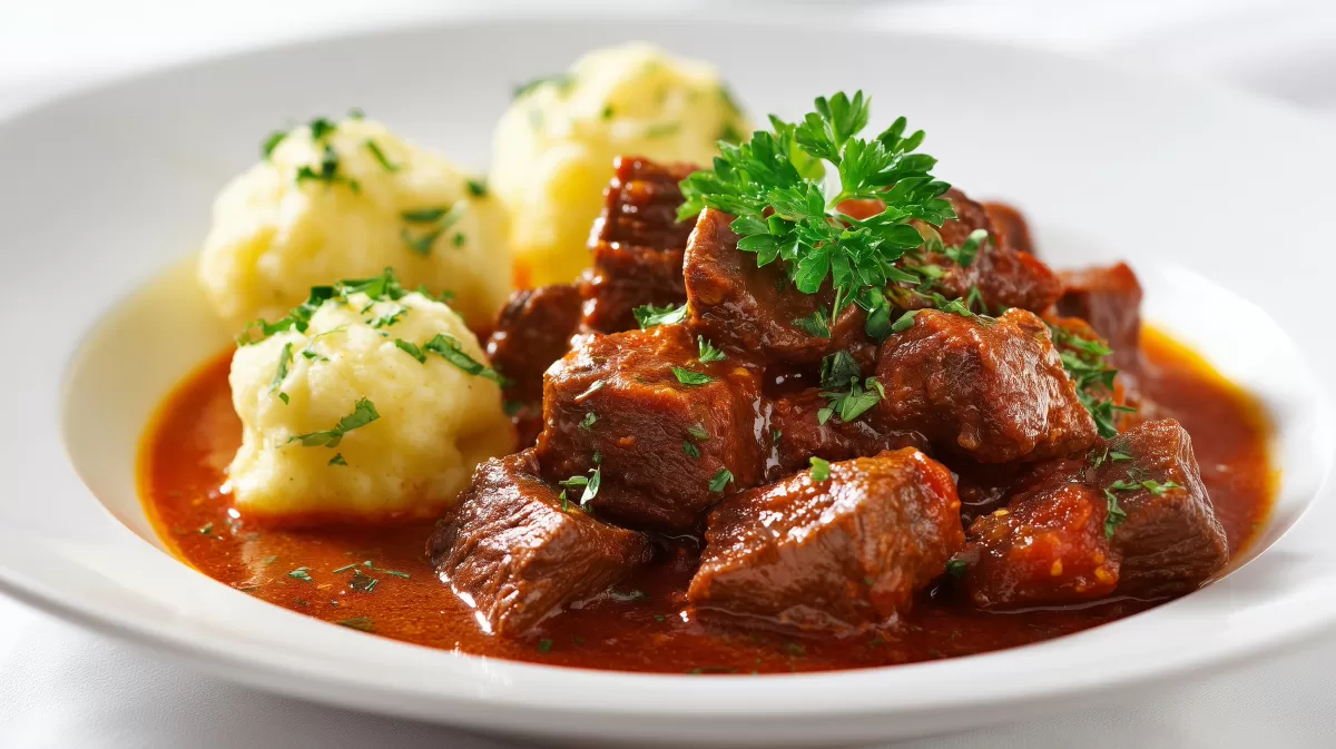 Rindergulasch rostbraun mit Kartoffelknödeln