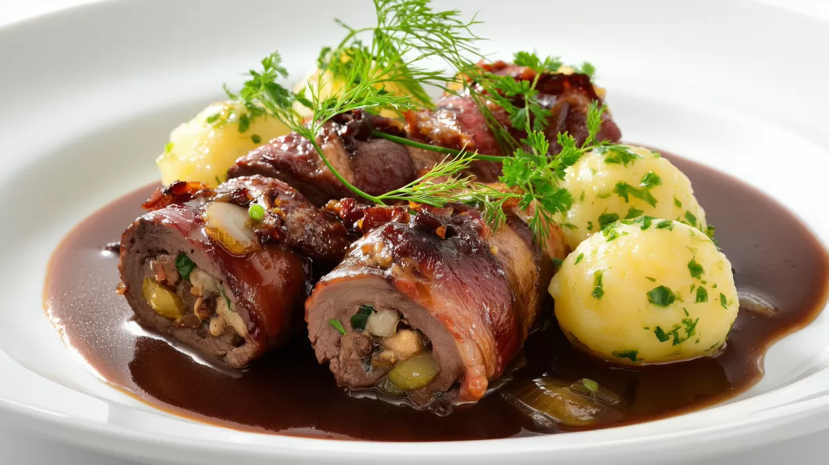 Rinderrouladen klassisch mit Klößen in Rotweinsauce