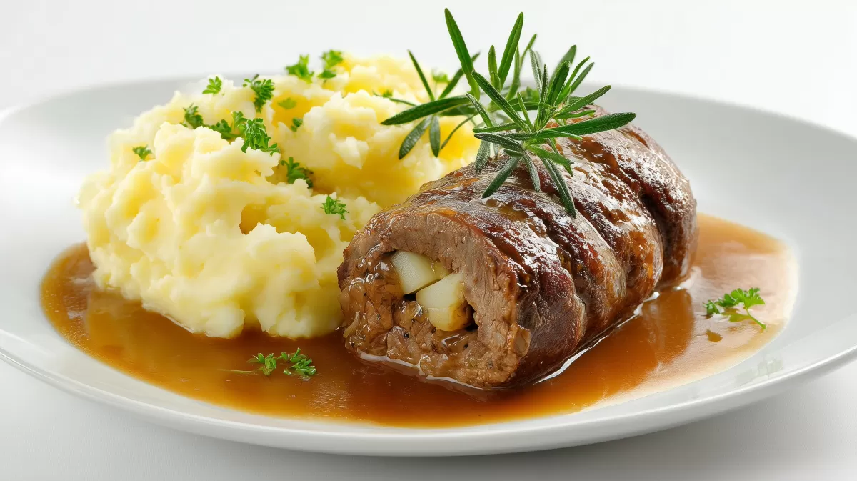 Rinderrouladen mit Sauerkraut Obst Füllung und Kartoffels