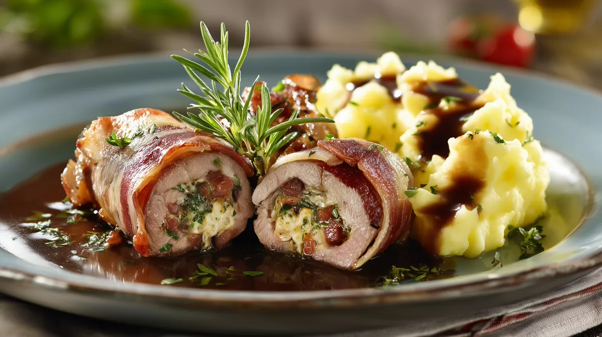 Rinderrouladen mit Speck Zwiebel Füllung und Kartoffelpüree