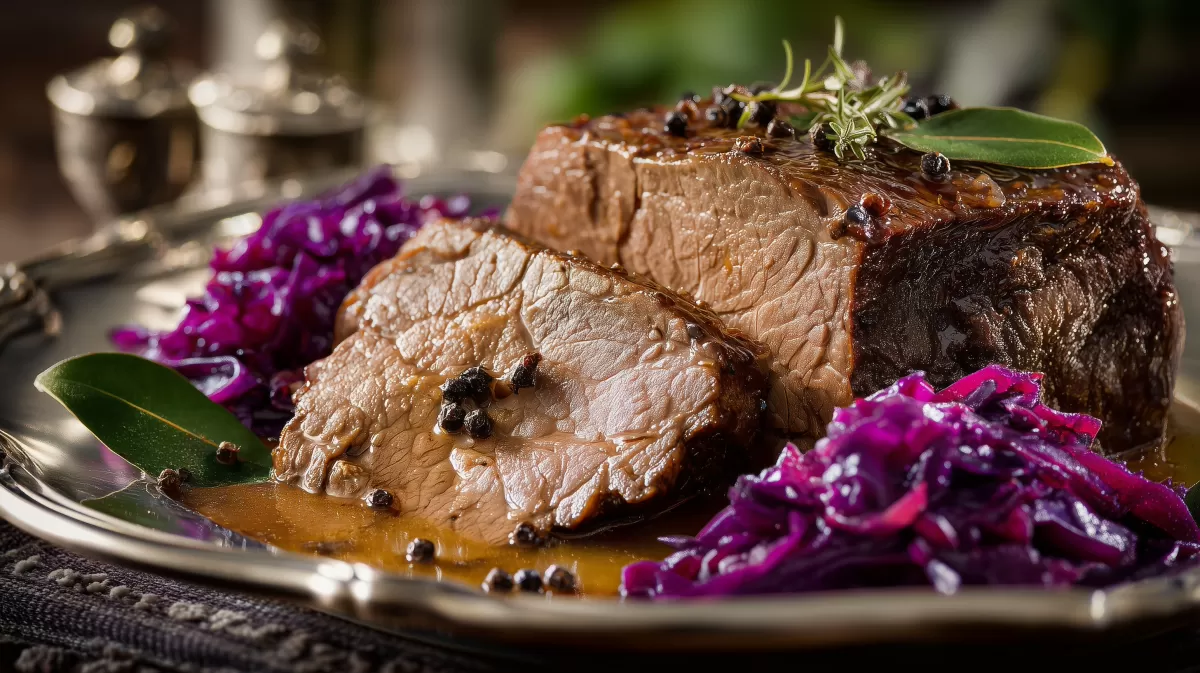 Rinderschmorbraten mit Rotkohl auf Silberteller