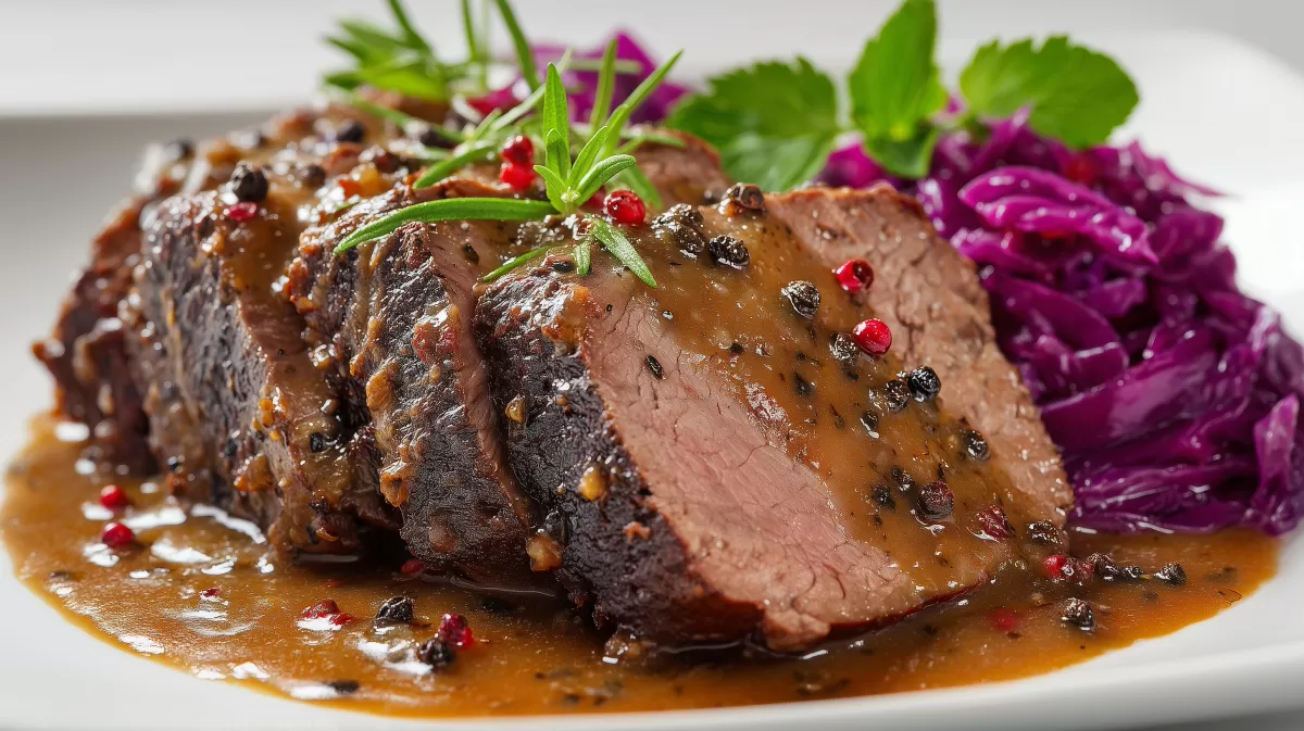 Rinderschmorbraten mit Rotkohl und Pfeffersauce