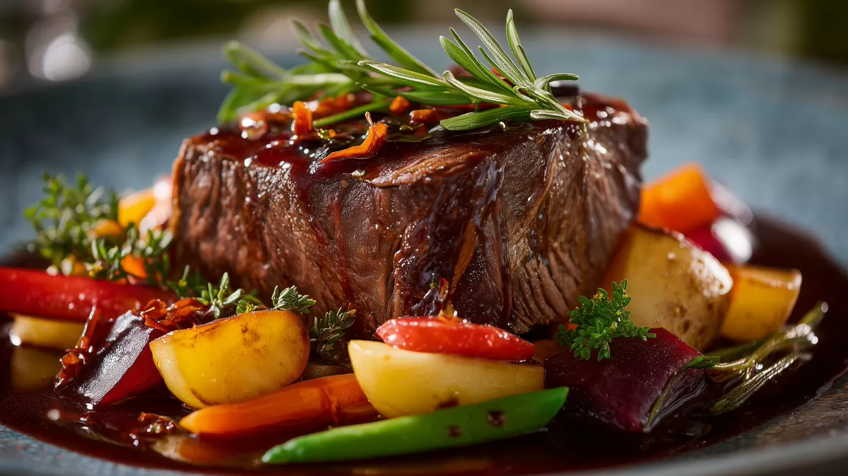 Rinderschmorbraten und klassische Rotwein Gemüse Sauce