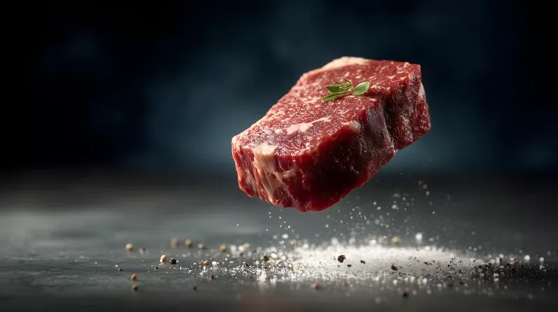 Rindersteak in der Luft mit Salz und Pfeffer auf dunklem Hintergrund