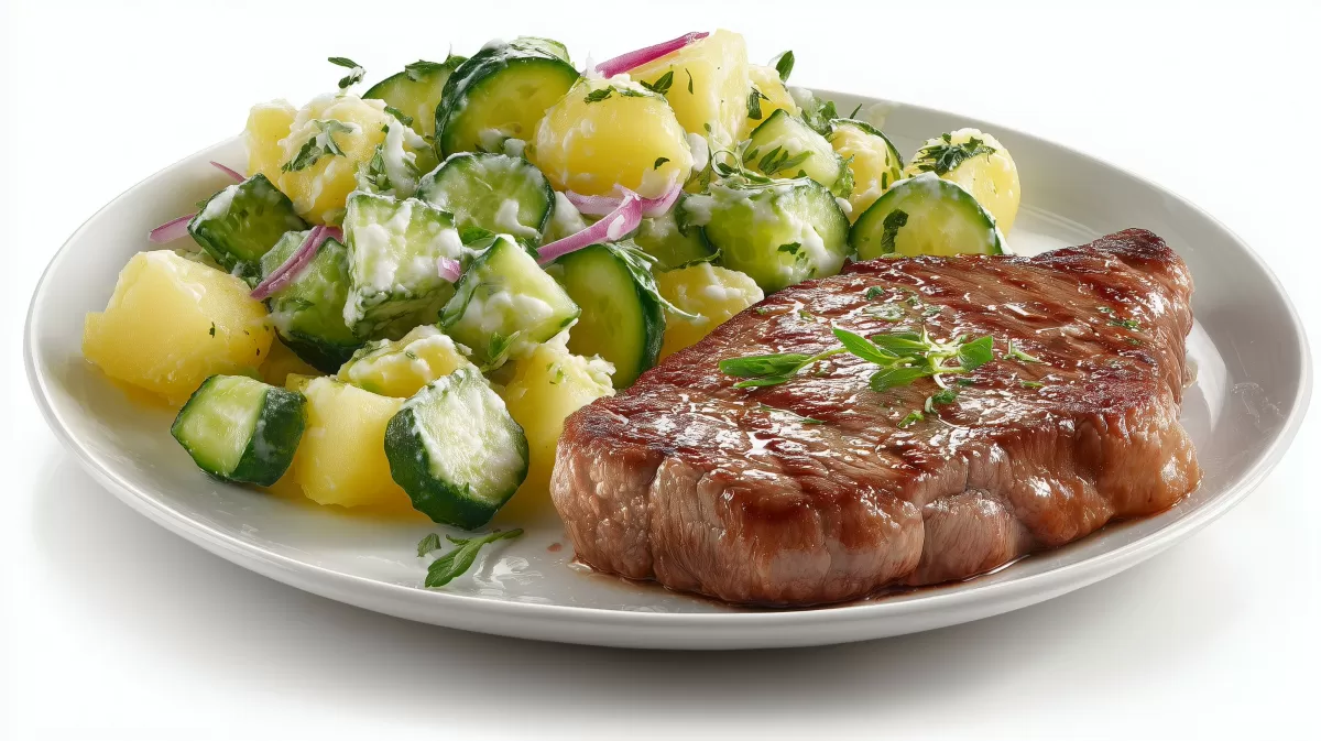 Rindersteak mit lauwarmem Kartoffelsalat auf Teller