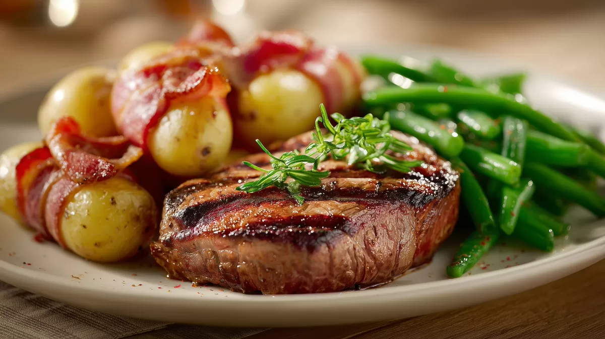 Rindersteak vom Grill mit Speckbohnen und Kartoffeln