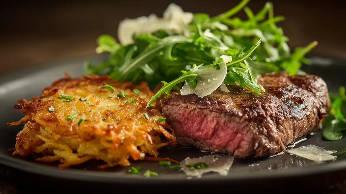 Rindersteaks mit Kartoffelplätzchen und Rucola