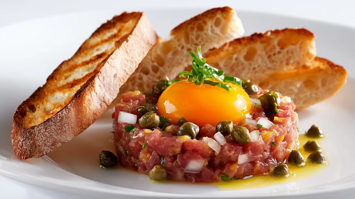 Rindertatar mit Wachtelei, Kapern und Röstbrot