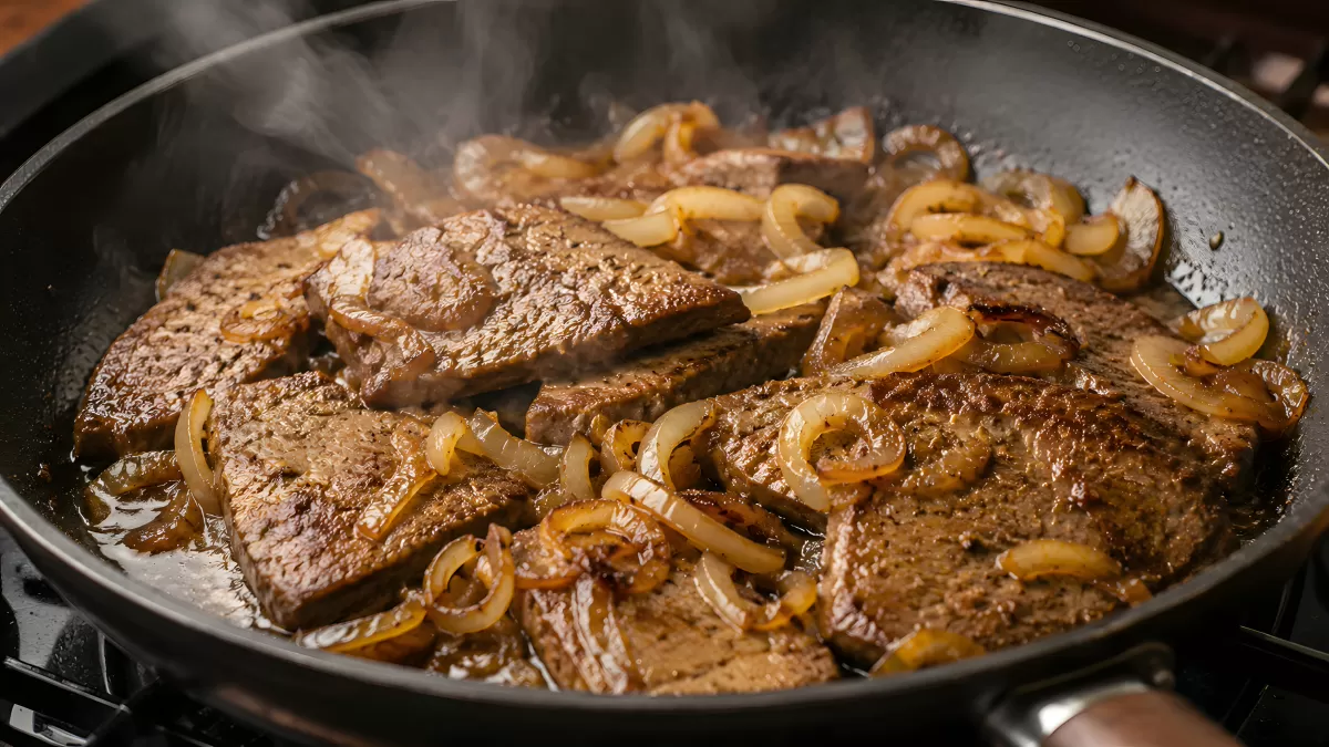 Rindfleisch mit Zwiebeln in der Pfanne gebraten