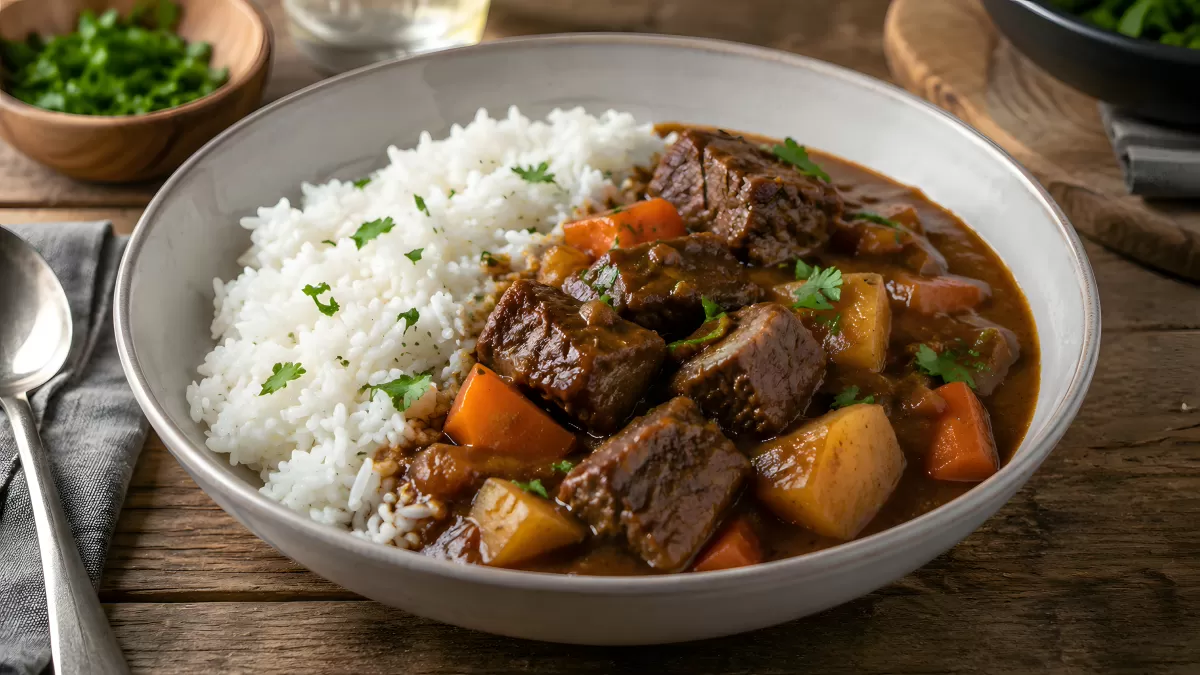 Rindfleischeintopf mit Kartoffeln und weißem Reis