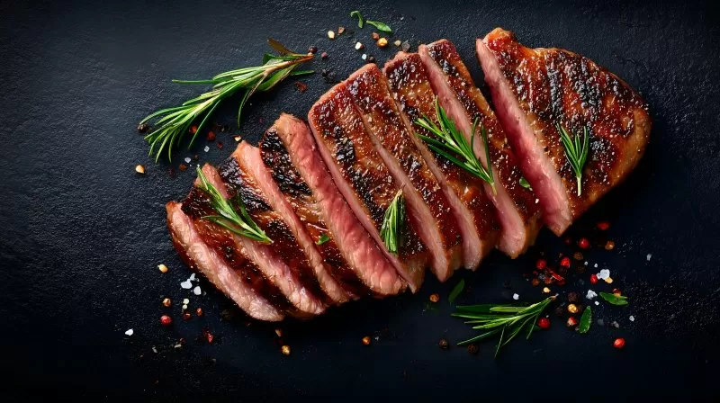 Rindfleischstreifen mit Kräutern und Gewürzen auf schwarzem Teller